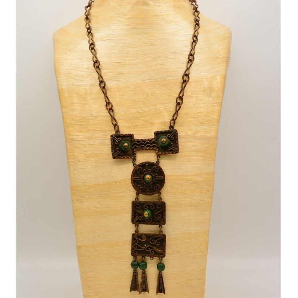 Vintage Mexico Copper Statement Necklace Metal Green Beaded Deco Signed Bin4A